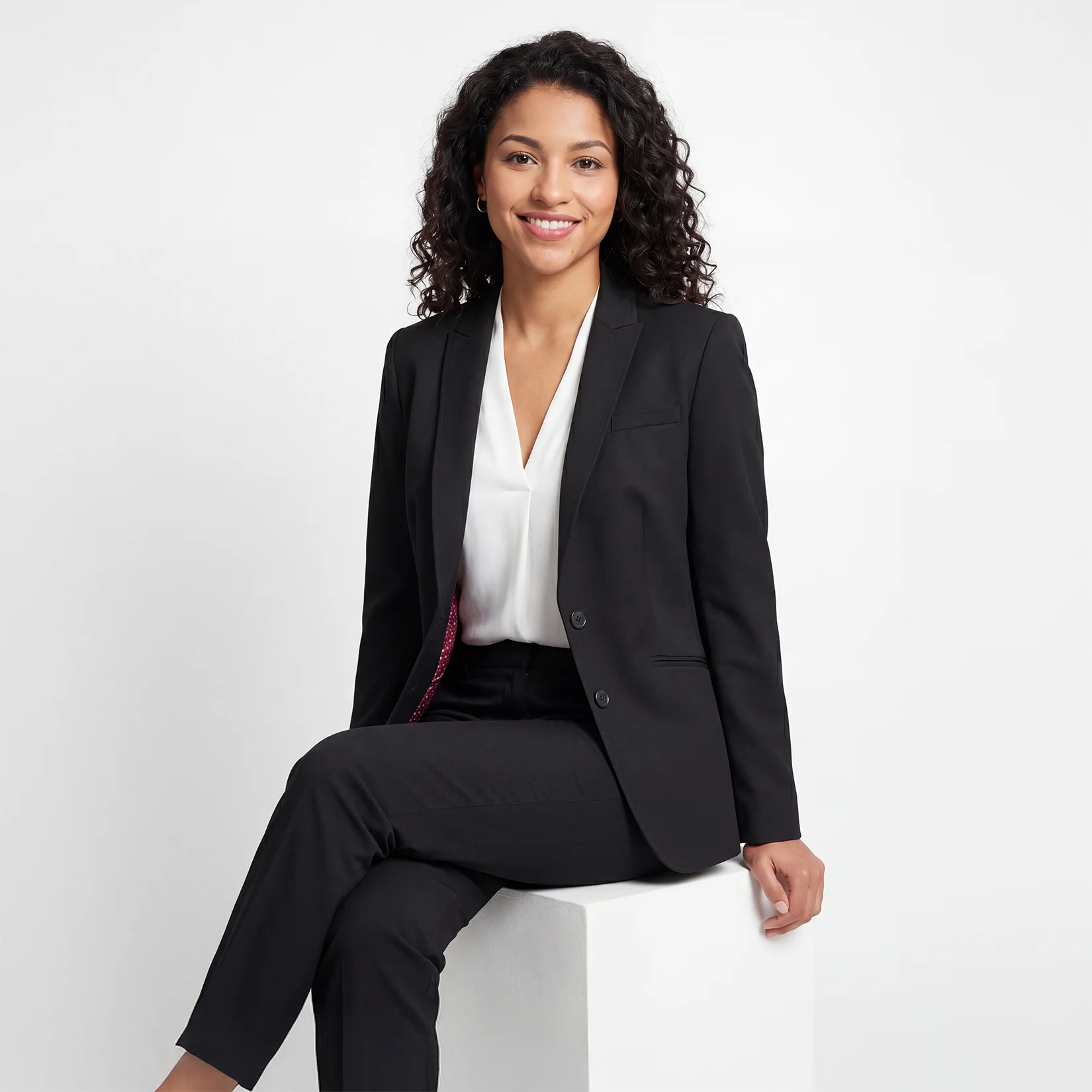 AI model wearing suit jacket & blouse