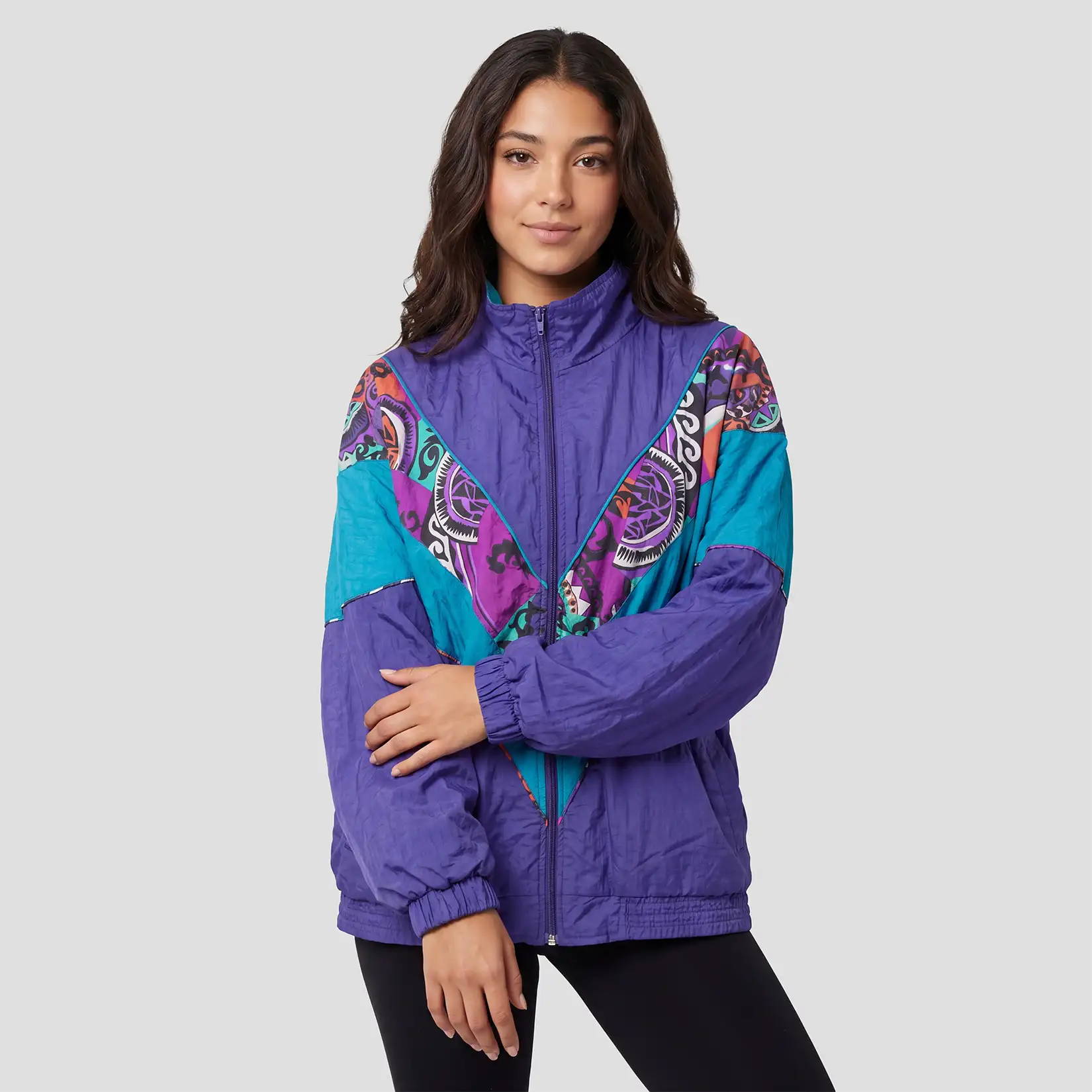 AI model wearing colourful windbreaker